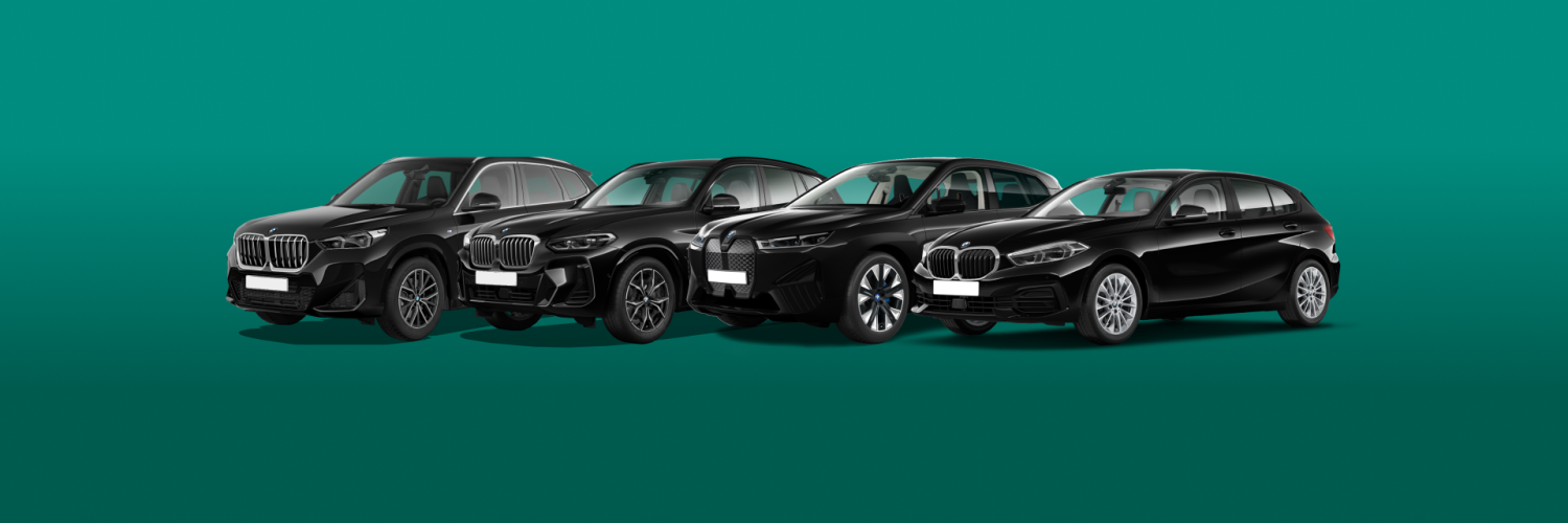 4 schwarze BMW Modelle auf petrolfarbenem Hintergrund