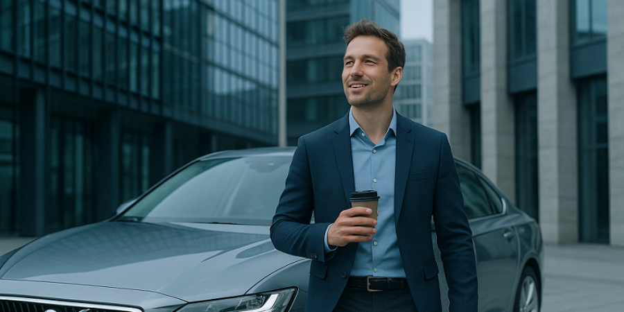 Flexible Mietwagen bei Arval Mann lehnt sich an Fahrzeug in urbaner Innenstadt